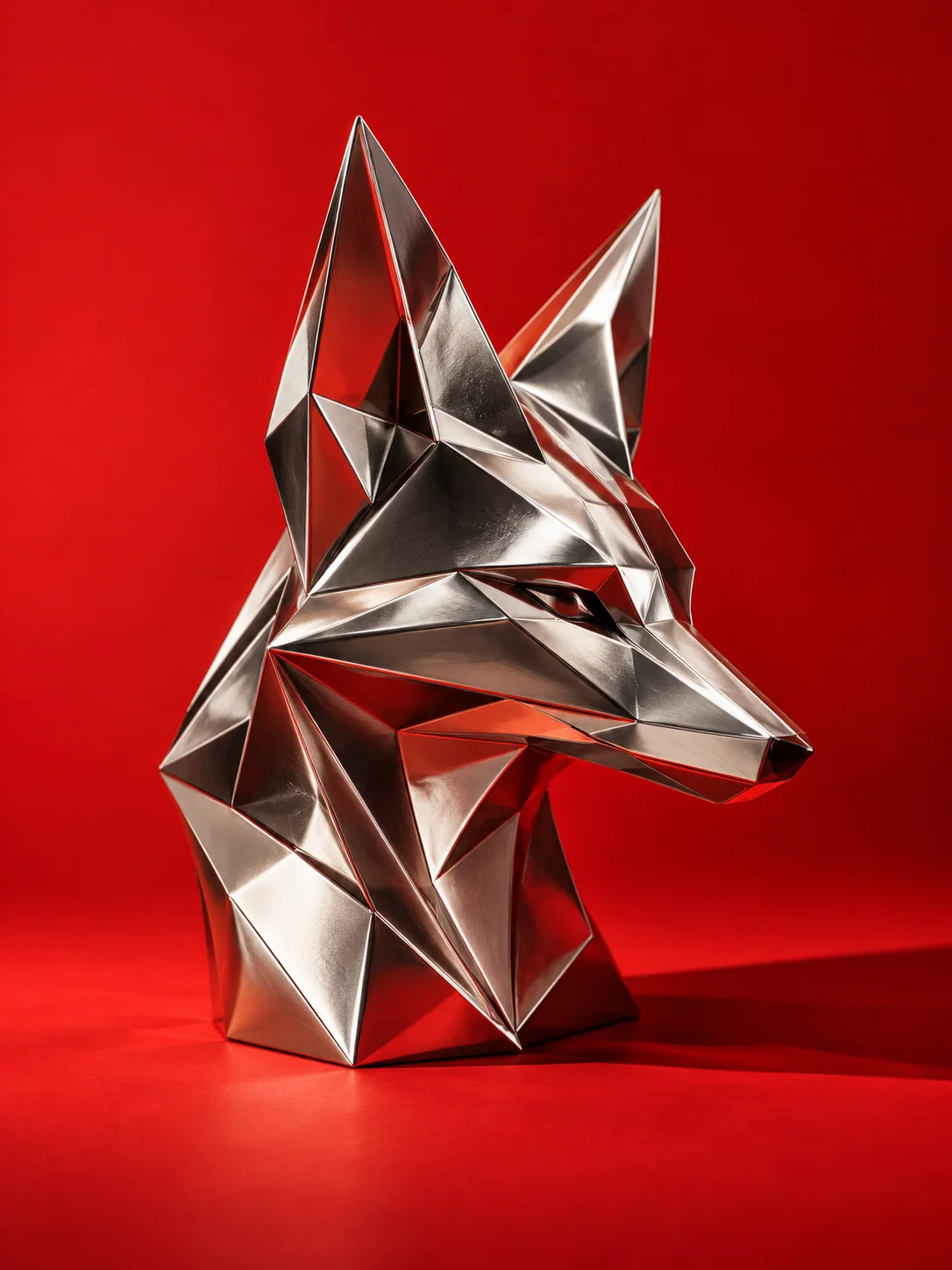 Sculpture de renard aux facettes chromées sur fond rouge